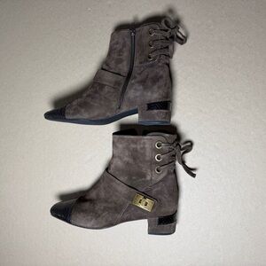 Vaneli Suede Ankle Boots Brown Women’s 7M Tie Python Trim Accents Exotic Luxury